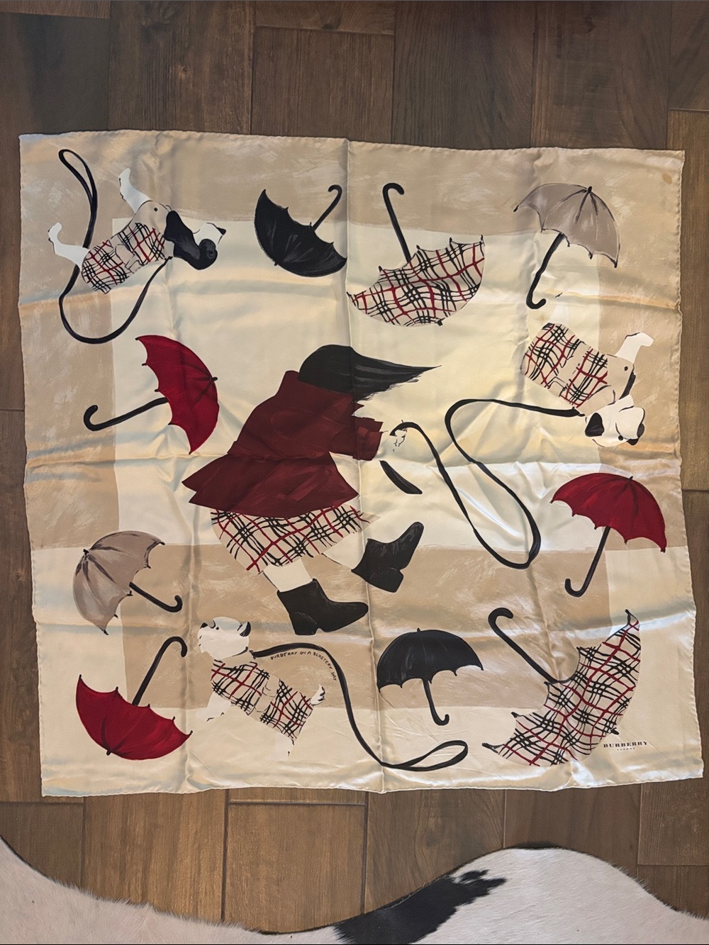 RARE Burberry Silk SCARF GIRL with umbrella and dogs